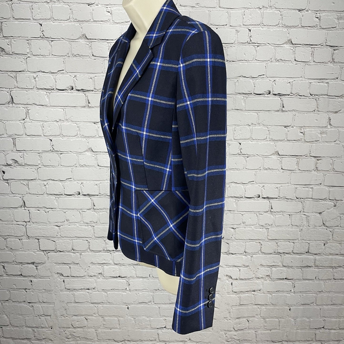 Nordstrom Signature Black Blue Check Virgin Wool 2 Button Blazer Jacket Size 6