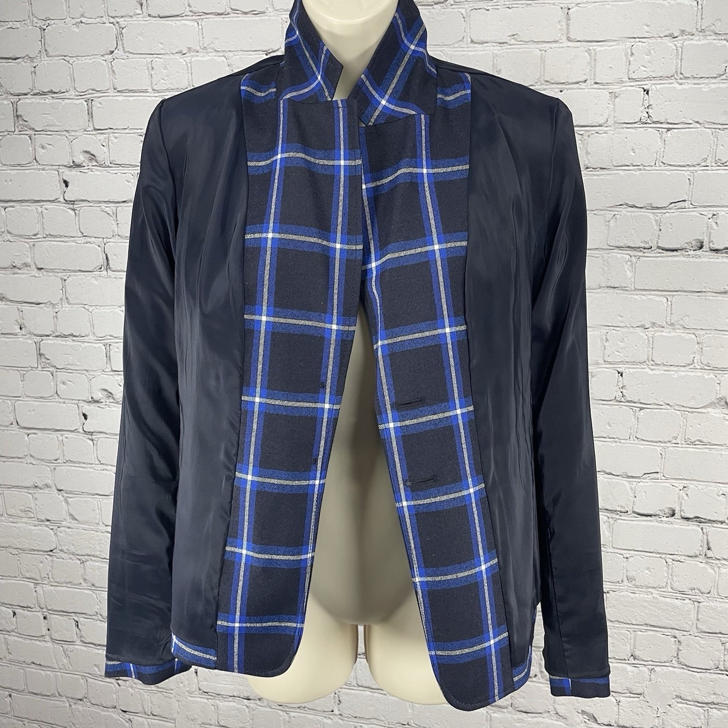 Nordstrom Signature Black Blue Check Virgin Wool 2 Button Blazer Jacket Size 6