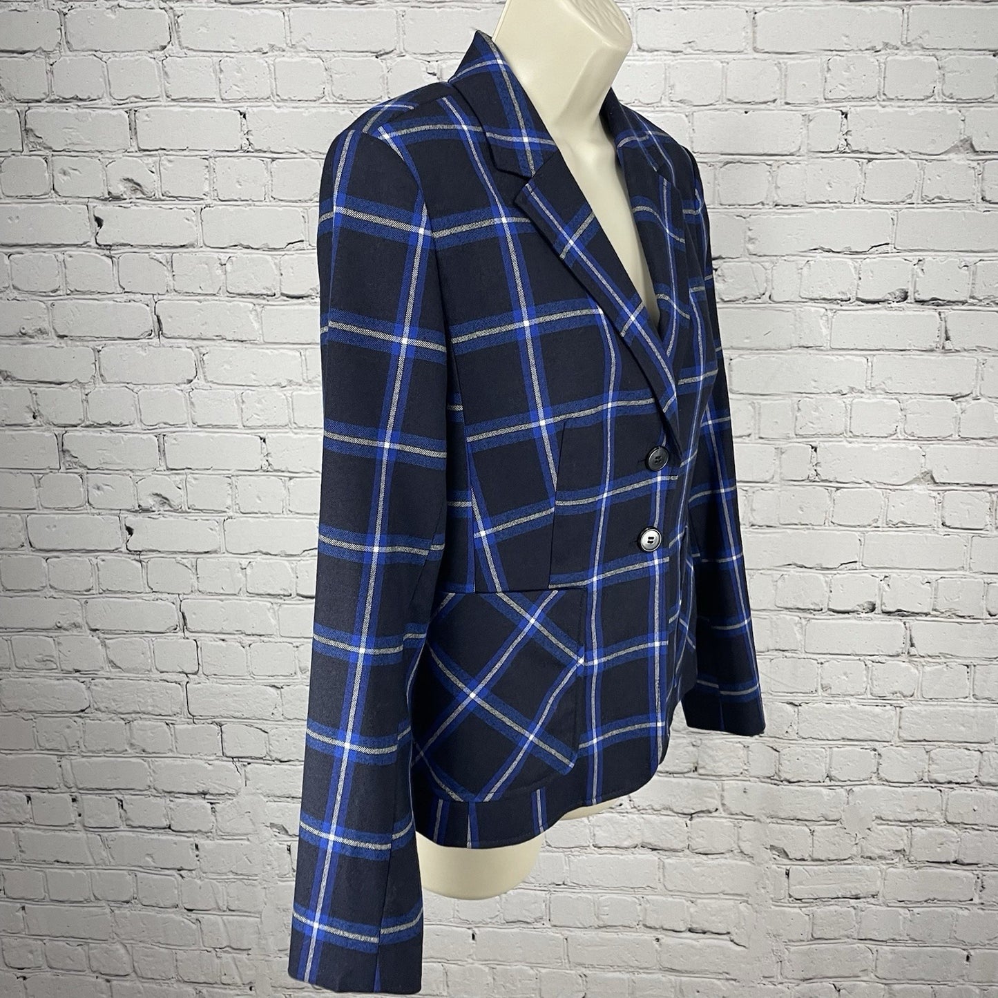 Nordstrom Signature Black Blue Check Virgin Wool 2 Button Blazer Jacket Size 6