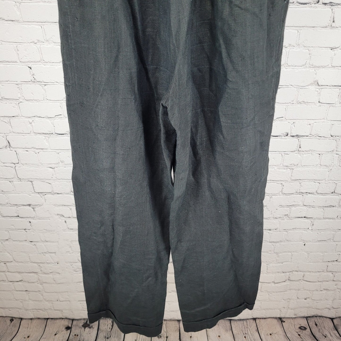 VTG Gene Ewing BIS Black 100% Linen Pleated Wide Leg Flowy Pants USA 12 (26x29)