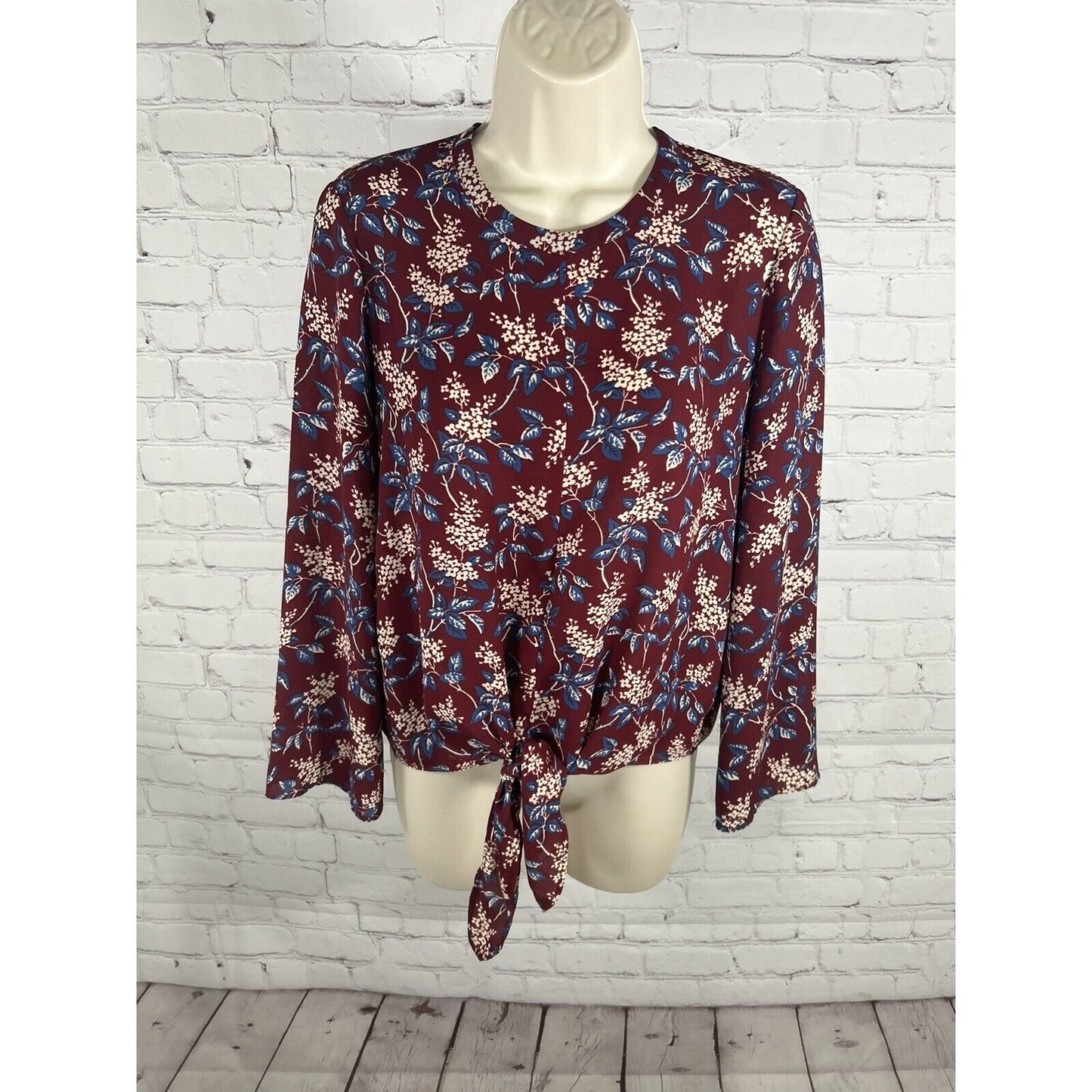 Madewell Long Sleeve Round Neck Tie Front Blue Maroon Floral Blouse Women’s XS