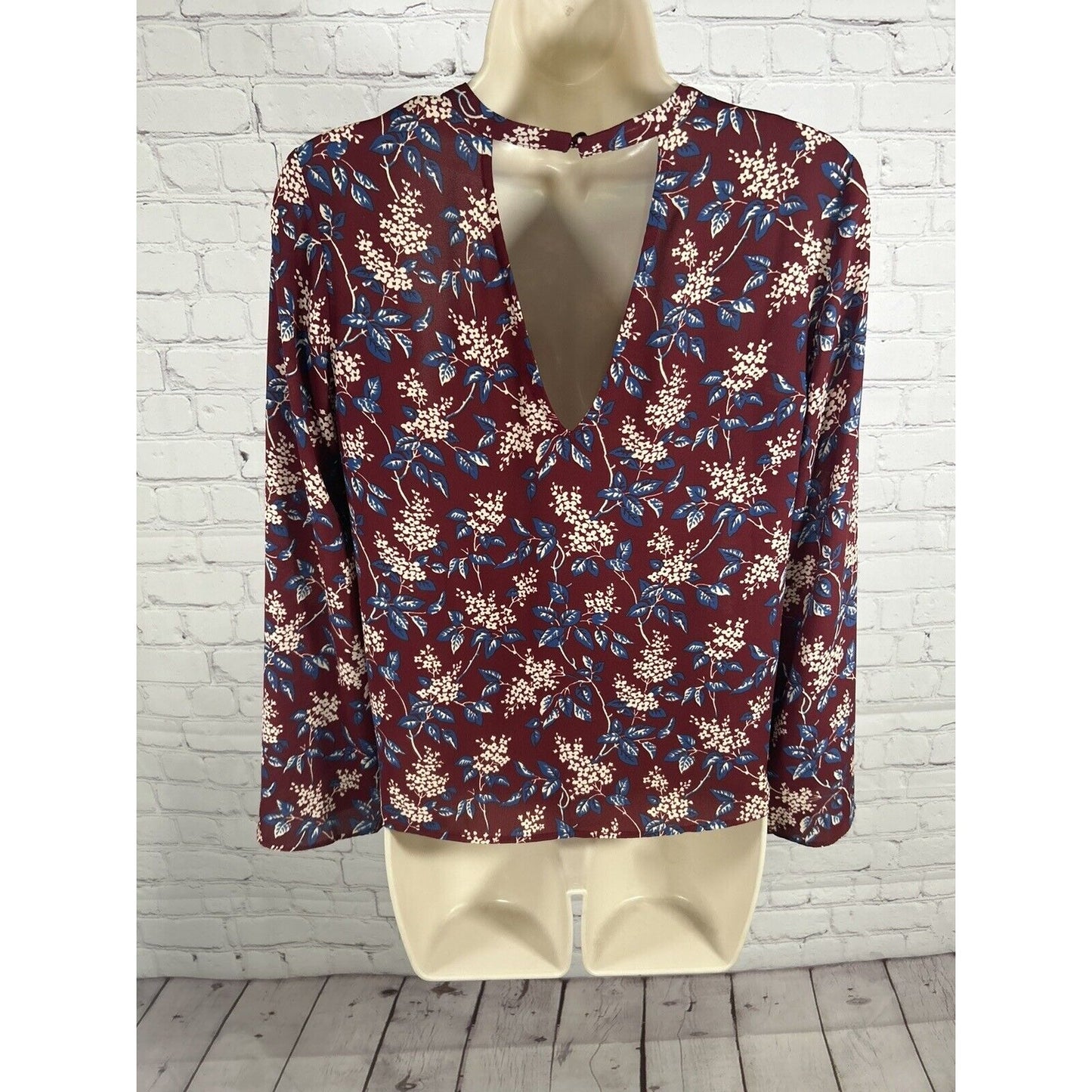 Madewell Long Sleeve Round Neck Tie Front Blue Maroon Floral Blouse Women’s XS