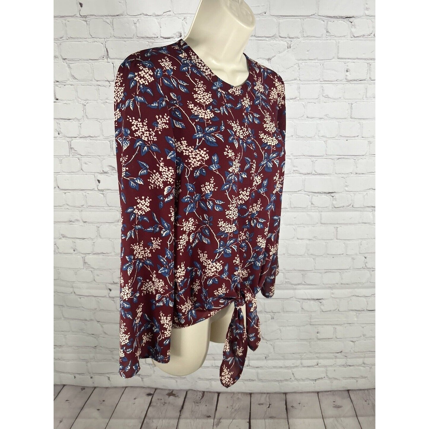 Madewell Long Sleeve Round Neck Tie Front Blue Maroon Floral Blouse Women’s XS