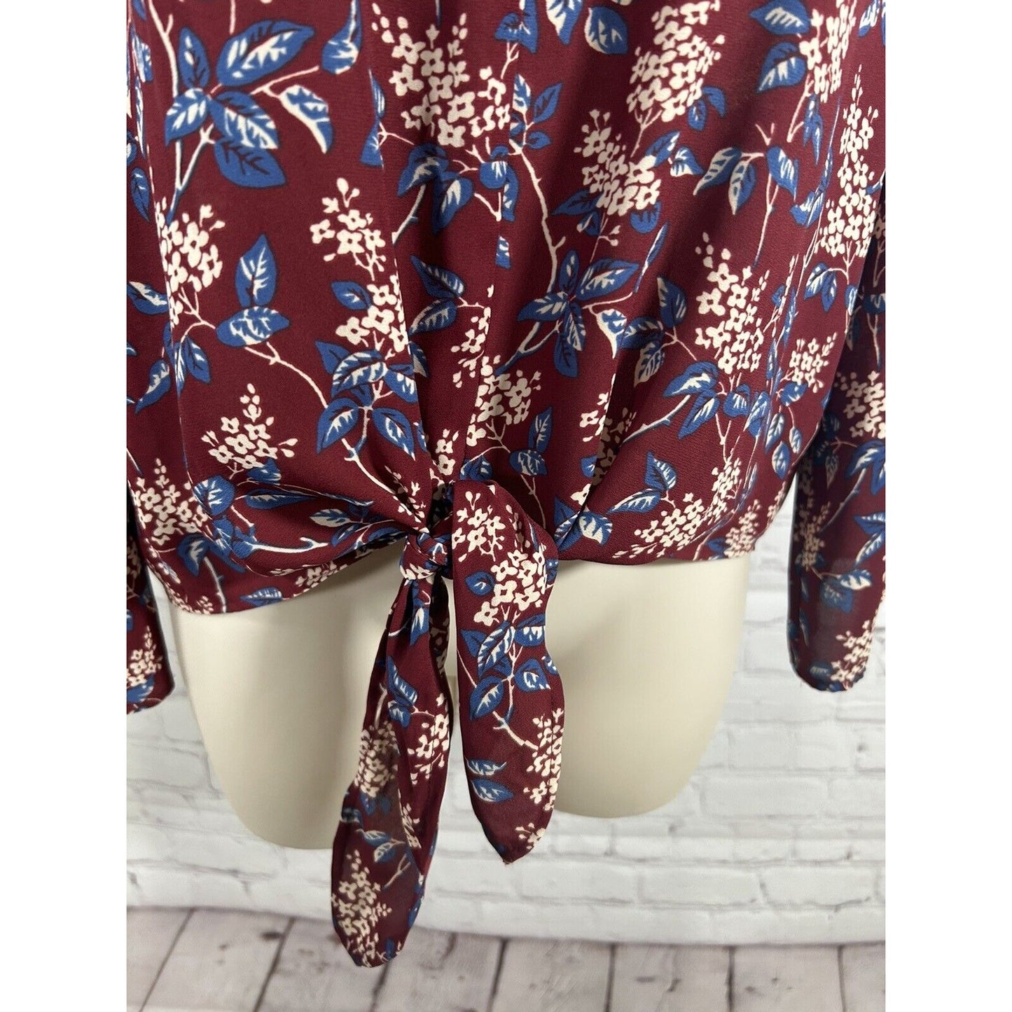 Madewell Long Sleeve Round Neck Tie Front Blue Maroon Floral Blouse Women’s XS