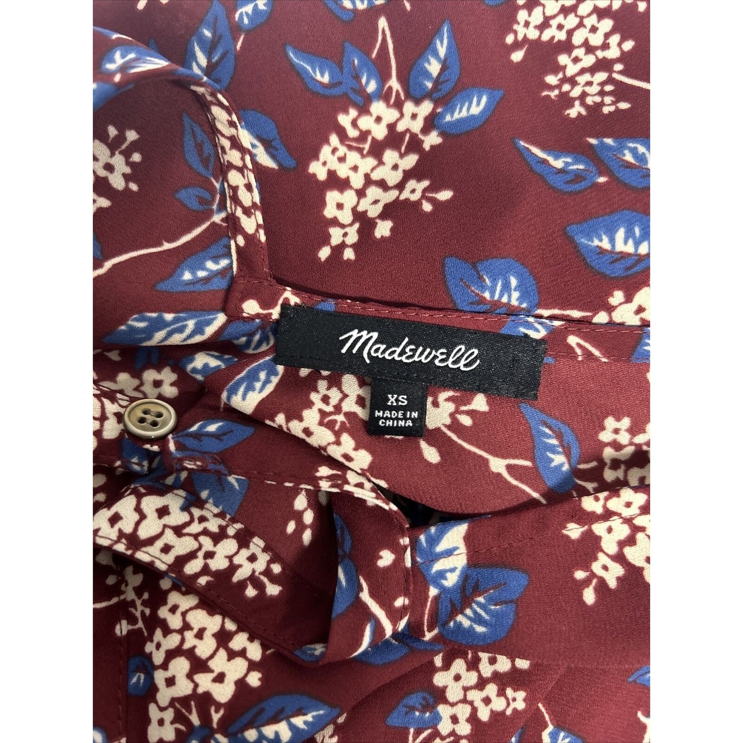Madewell Long Sleeve Round Neck Tie Front Blue Maroon Floral Blouse Women’s XS