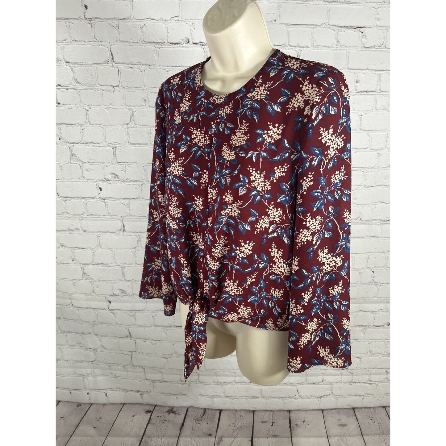 Madewell Long Sleeve Round Neck Tie Front Blue Maroon Floral Blouse Women’s XS