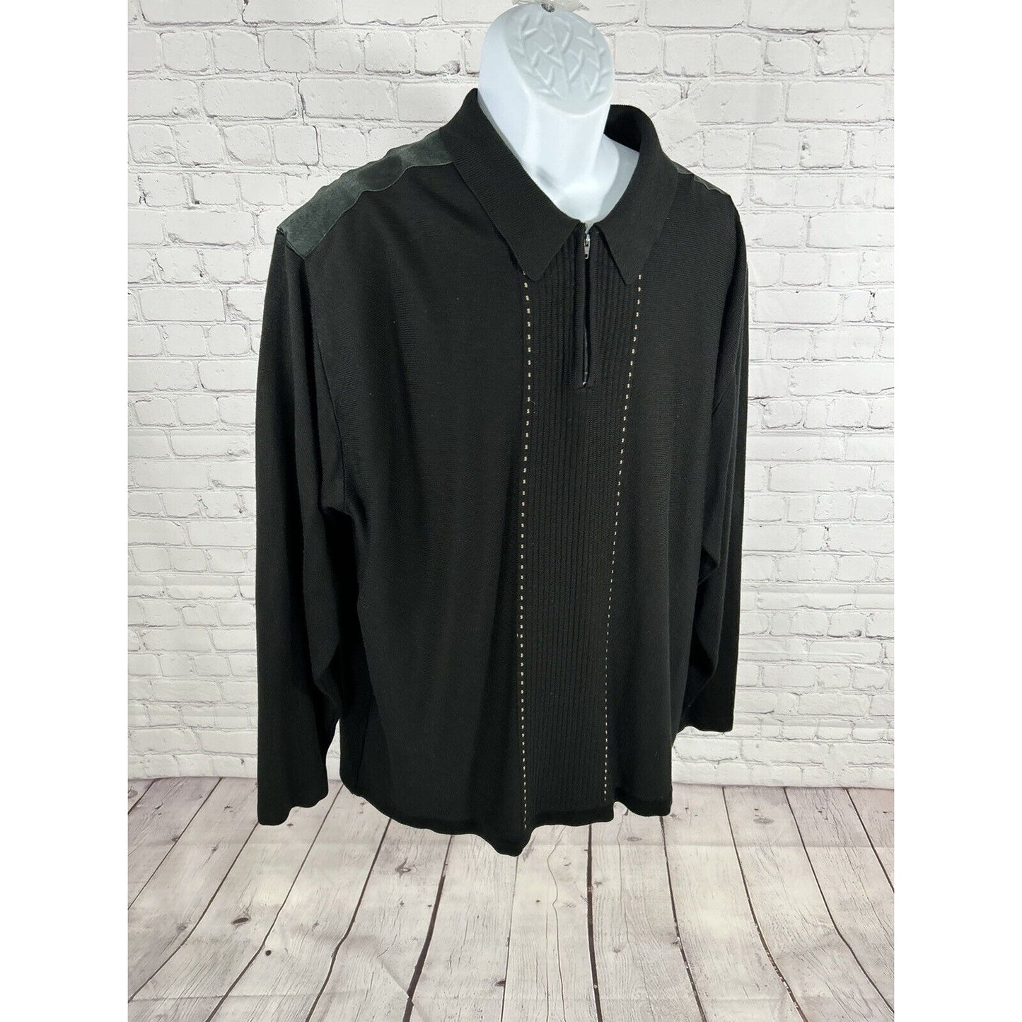 M.E. Sport Collection Black Pullover 1/4 Zip Sweater Leather Accent Shoulders XL