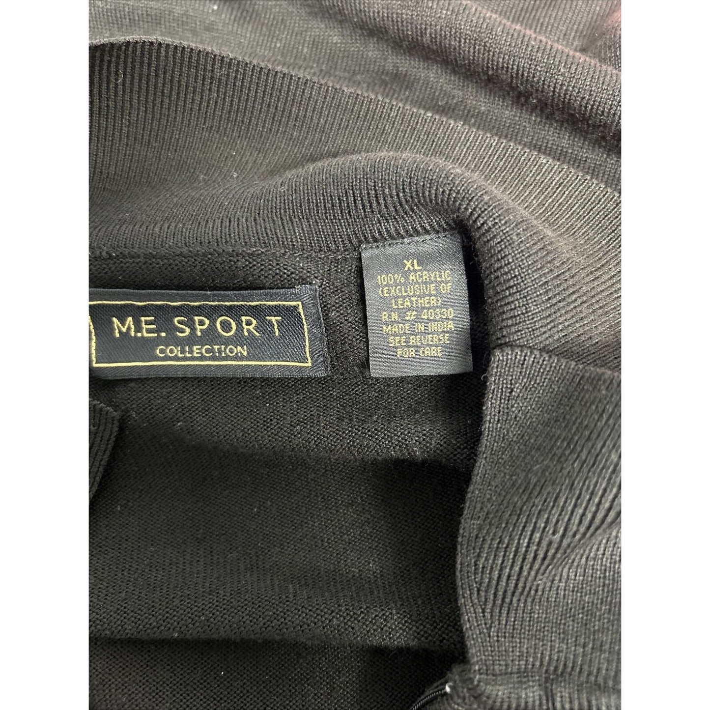 M.E. Sport Collection Black Pullover 1/4 Zip Sweater Leather Accent Shoulders XL