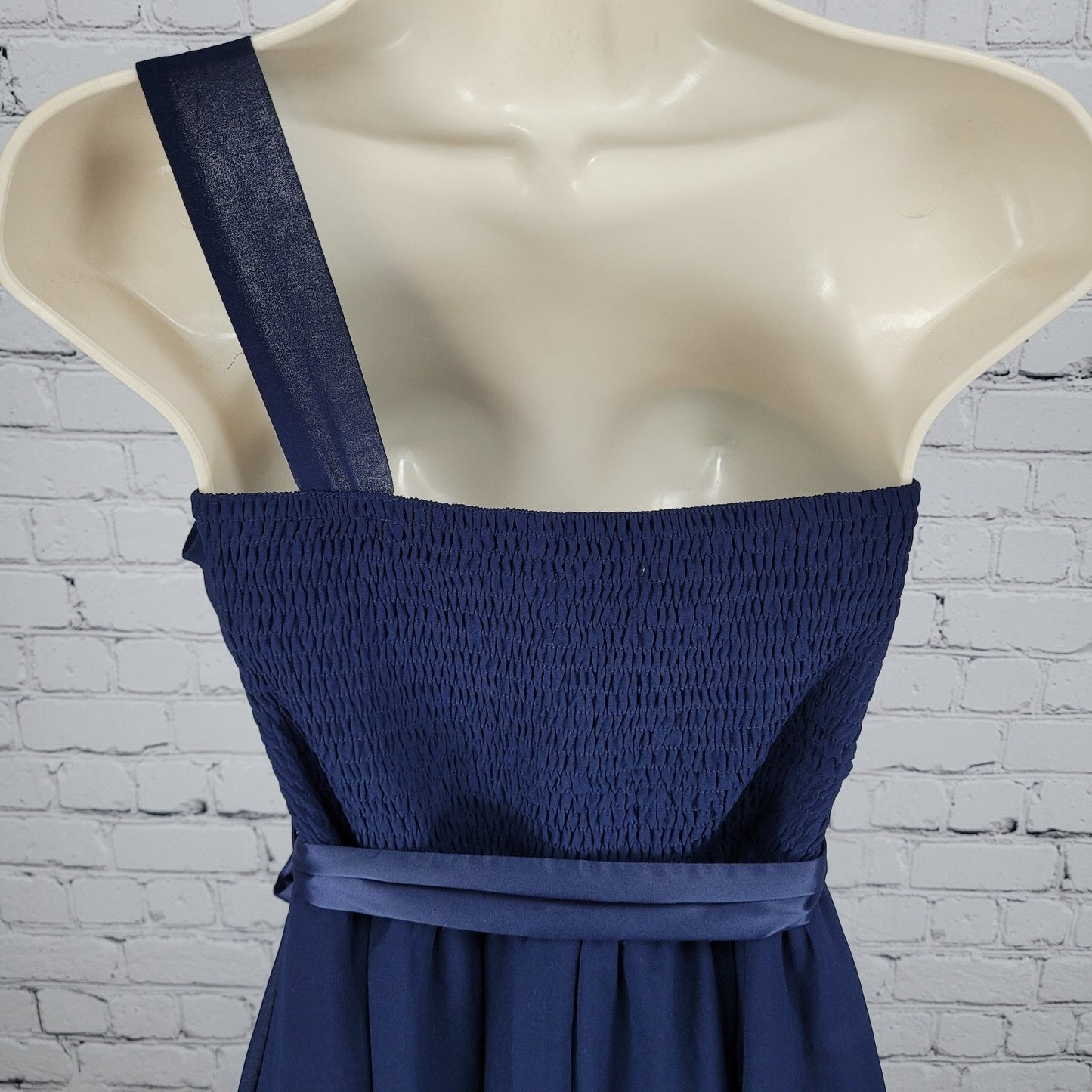NWT Showcase Navy Chiffon One Shoulder Belted Smocked Back Midi Dress Size 10