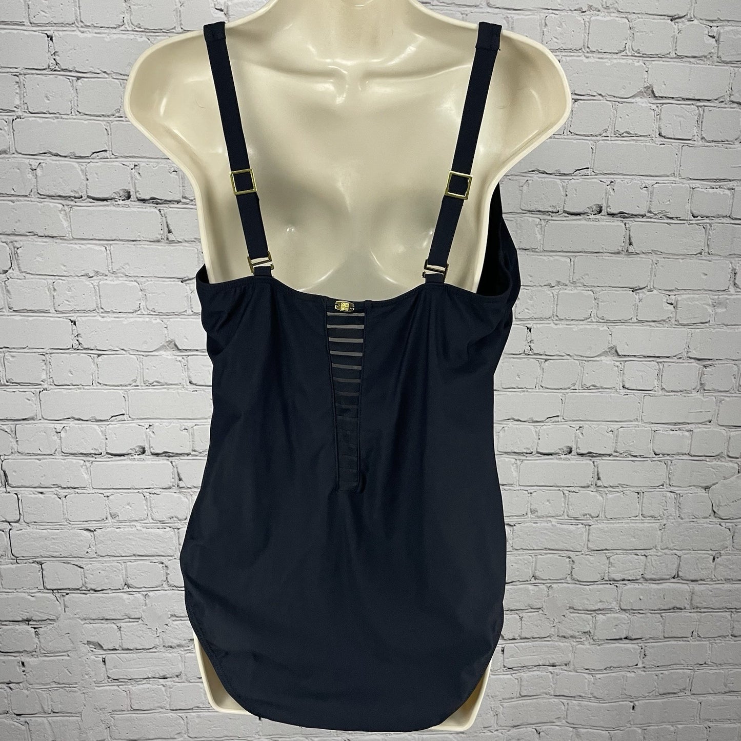 Amoressa Black Padded Bra Gold Accent Mesh Cut Out One Piece Swimsuit Size 16W