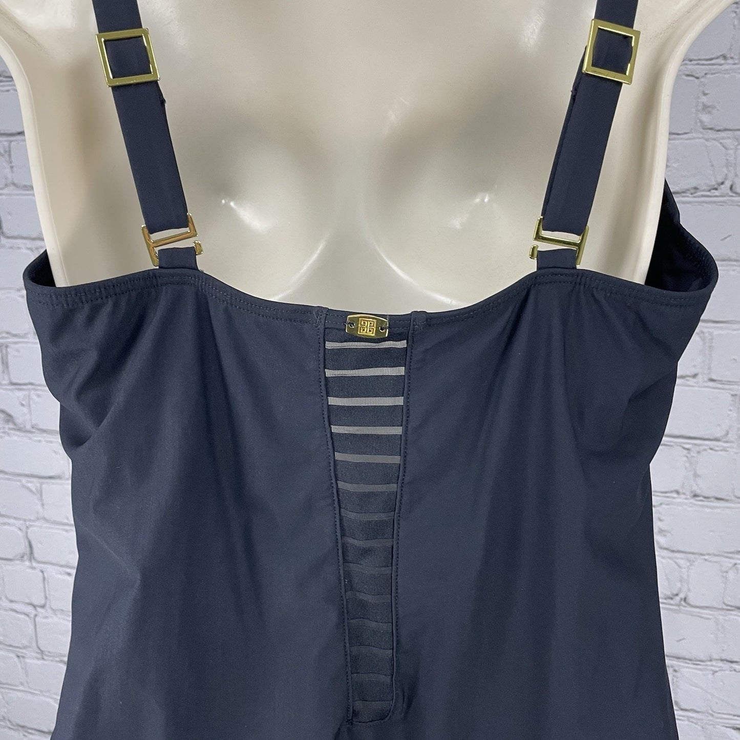 Amoressa Black Padded Bra Gold Accent Mesh Cut Out One Piece Swimsuit Size 16W