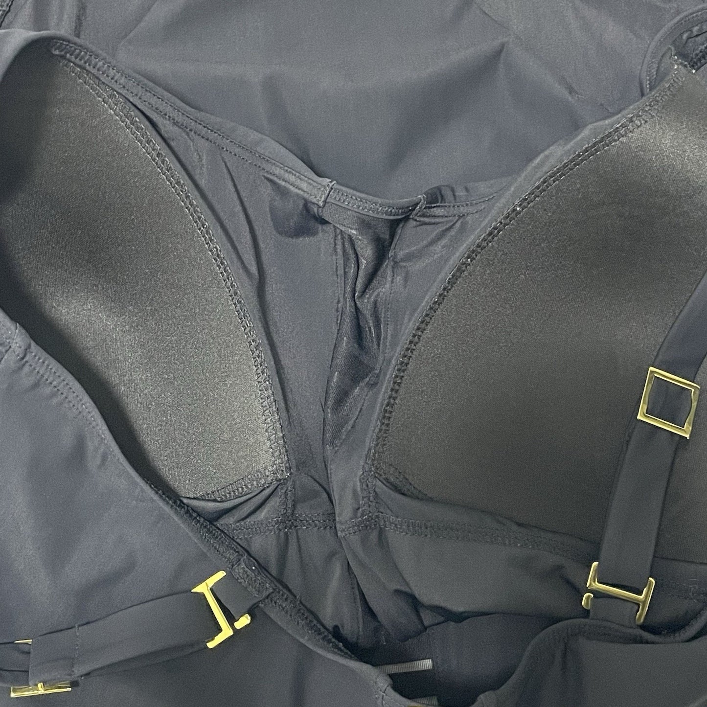 Amoressa Black Padded Bra Gold Accent Mesh Cut Out One Piece Swimsuit Size 16W