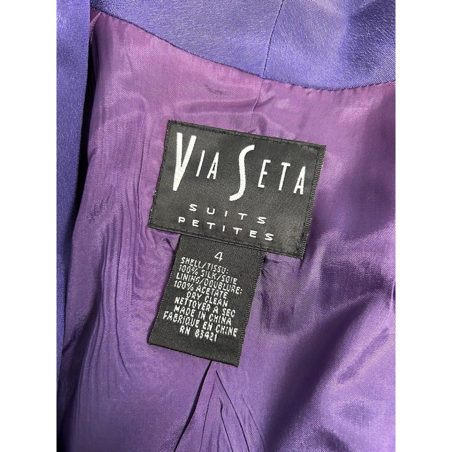VTG Via Seta Suits Petites Purple 100% Silk Embroidered Three Button Blazer 4
