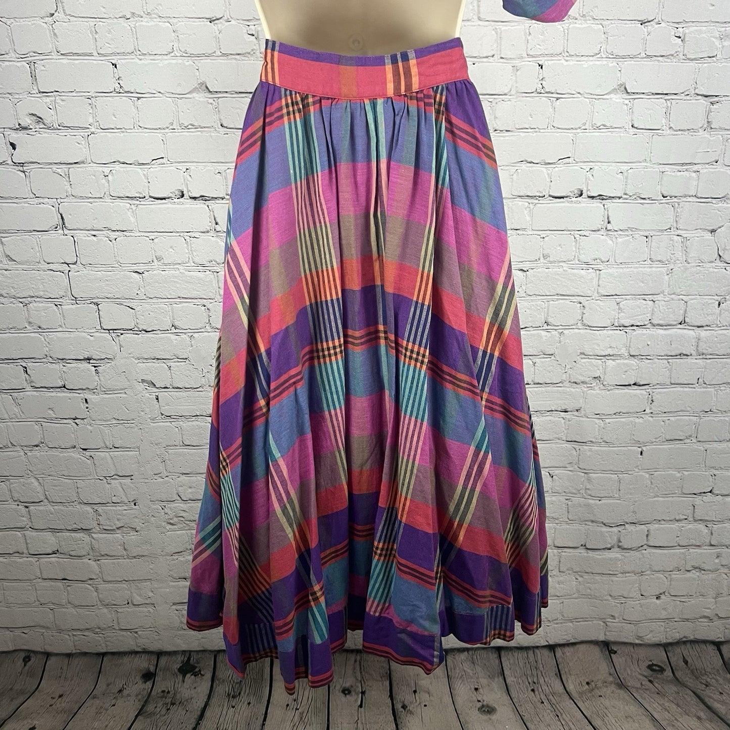 VTG Liz Claiborne Pink Purple Plaid Linen Blend 2 Piece Set Blouse Skirt Size 12