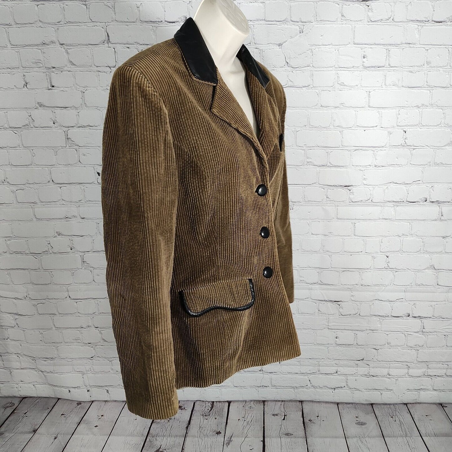 VTG Morgan Taylor Corduroy Black Leather Trim Lined Blazer Women's Size 10