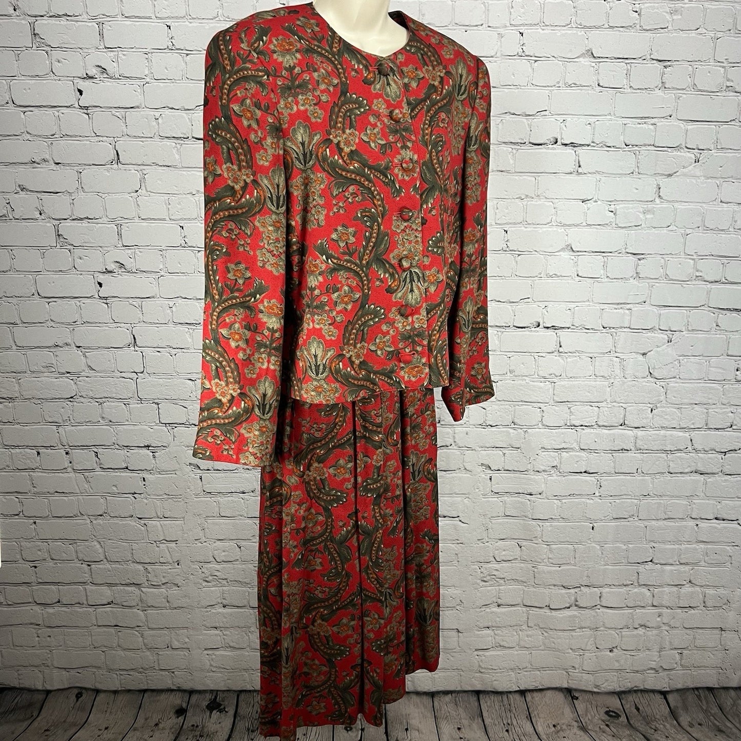 VTG Evan Picone Red Floral 2 Piece Skirt Suit Midi Pleated Full Skirt Blazer 12