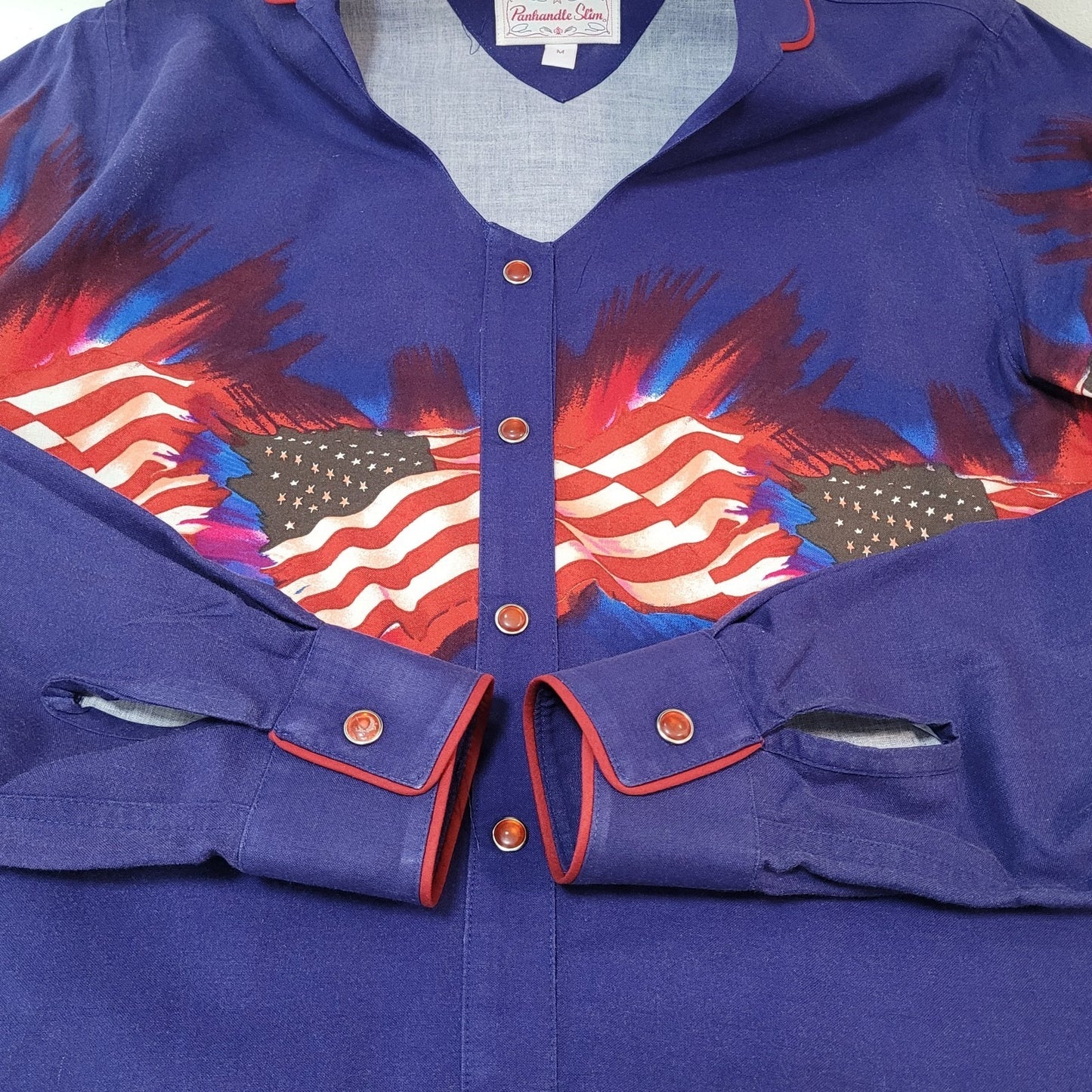 VTG Panhandle Slim Blue American Flag USA Snap Long Sleeve Shirt Size Medium M