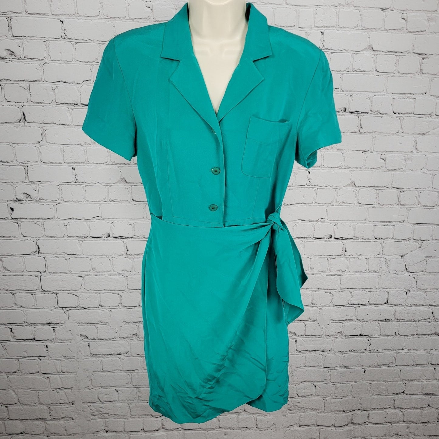 VTG Pat Argenti Green 100% Silk Short Sleeve Buttoned Wrap Tie Dress Size 6