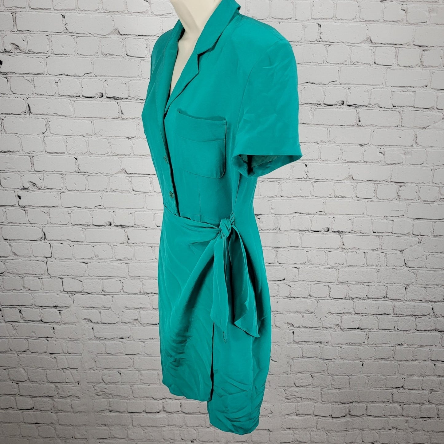 VTG Pat Argenti Green 100% Silk Short Sleeve Buttoned Wrap Tie Dress Size 6