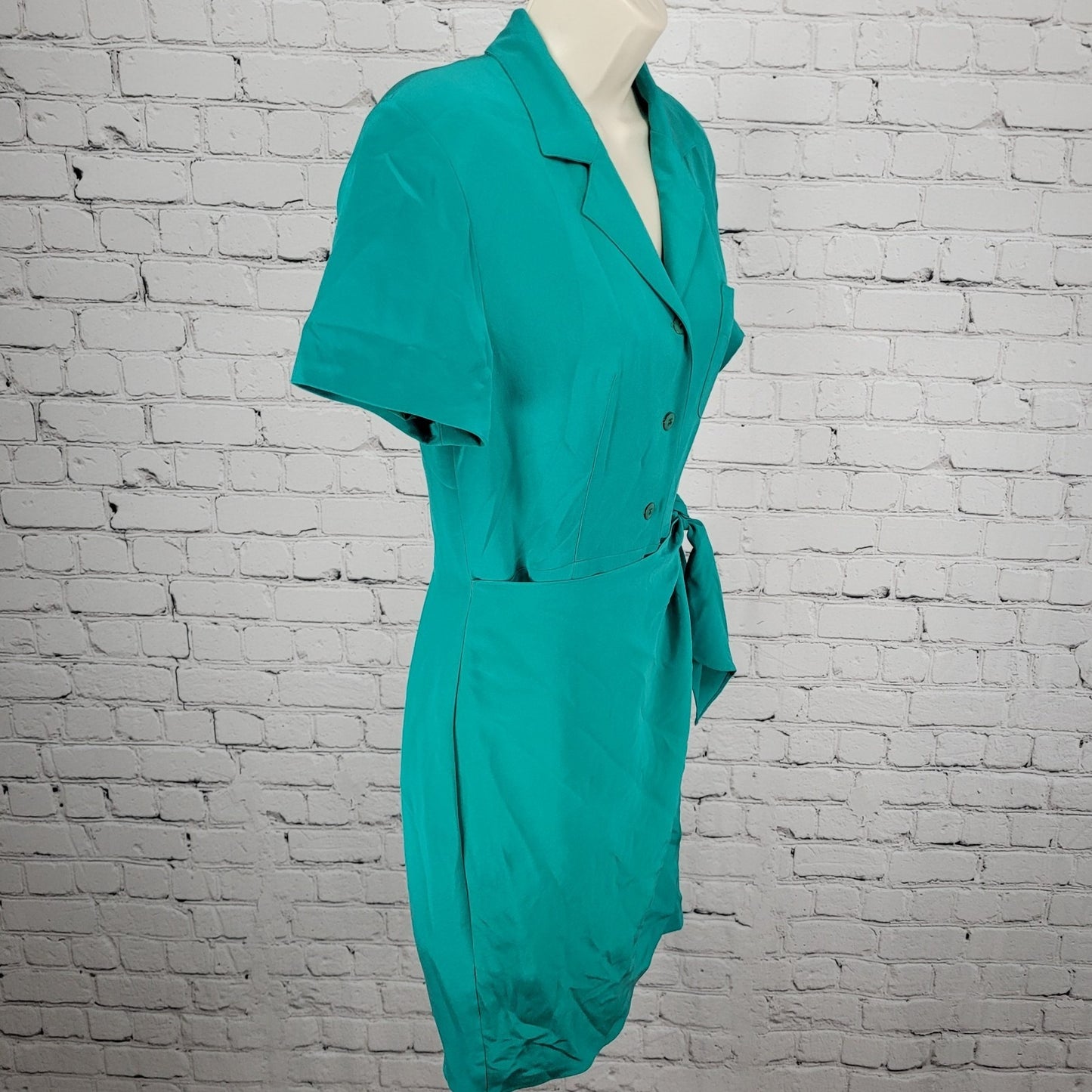 VTG Pat Argenti Green 100% Silk Short Sleeve Buttoned Wrap Tie Dress Size 6