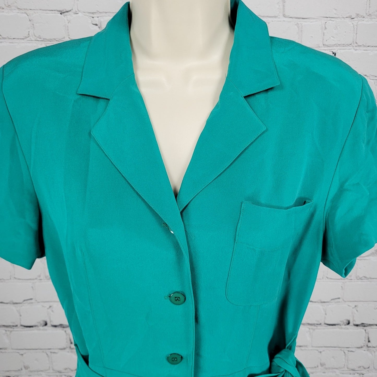 VTG Pat Argenti Green 100% Silk Short Sleeve Buttoned Wrap Tie Dress Size 6
