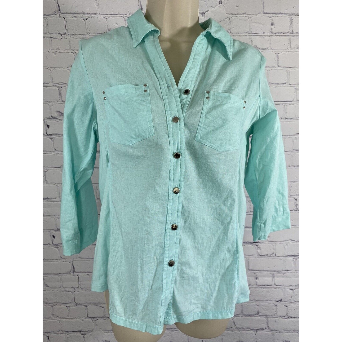 Cathy Teal 3/4 Sleeve Shiny Silver Button Up Pockets Size M Medium