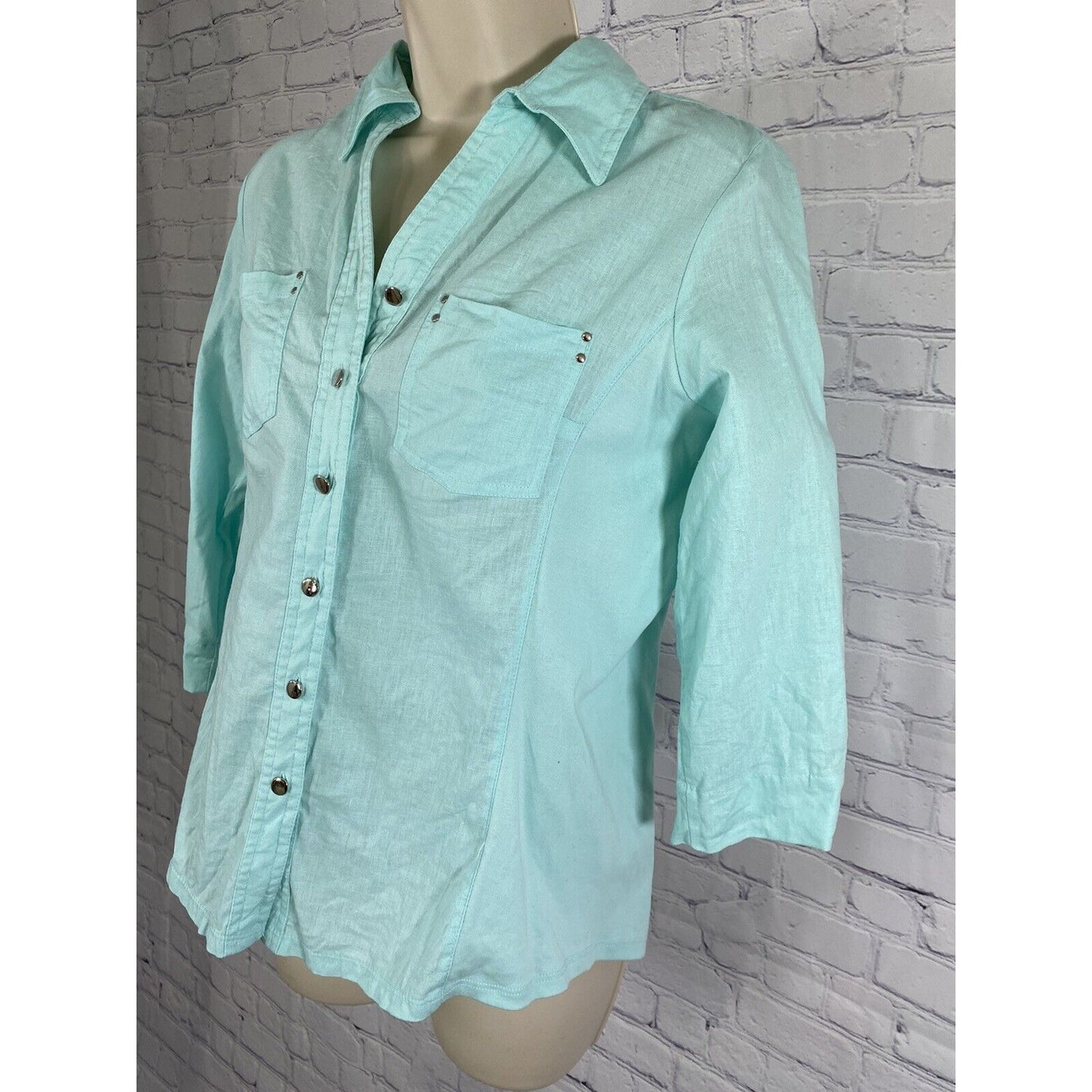 Cathy Teal 3/4 Sleeve Shiny Silver Button Up Pockets Size M Medium