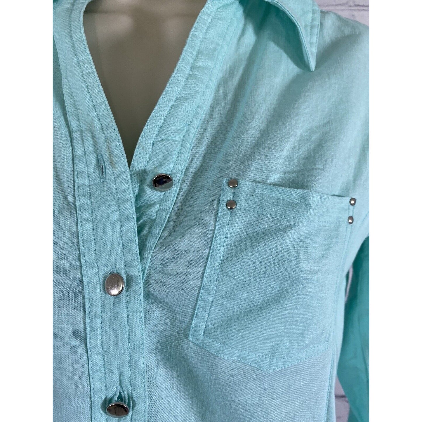 Cathy Teal 3/4 Sleeve Shiny Silver Button Up Pockets Size M Medium