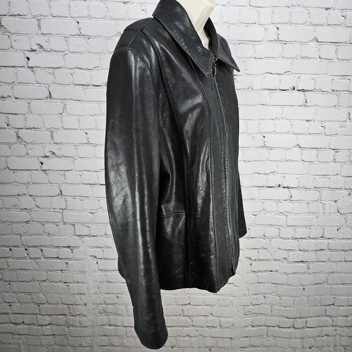 Nautica Black Leather Point Collared Pockets Full Zip Lined Classic Jacket XL