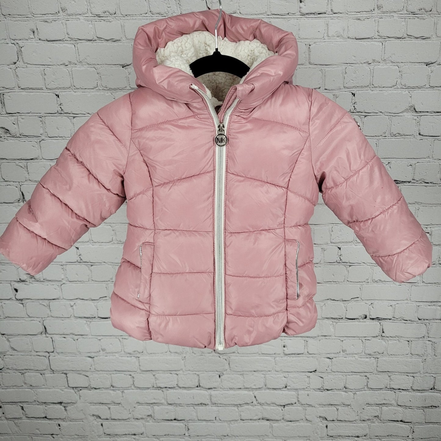 Michael Kors Pink Sherpa Hooded Fleece Lined Full Zip Puffer Jacket Size 3T