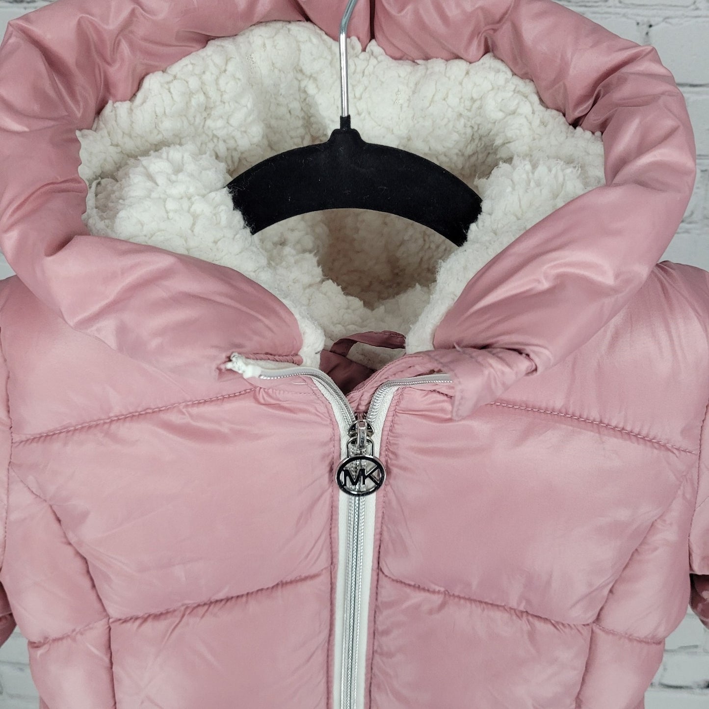 Michael Kors Pink Sherpa Hooded Fleece Lined Full Zip Puffer Jacket Size 3T