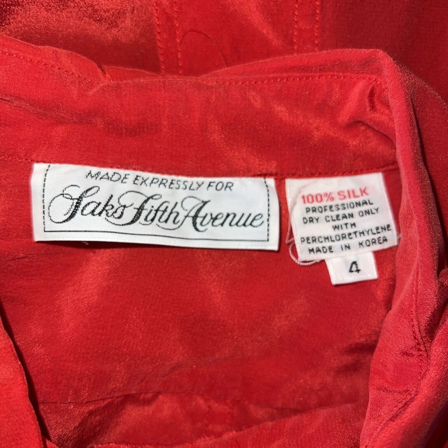 Vintage Saks Fifth Avenue Red 100% Silk Button Up Blouse Top Women’s Size 4