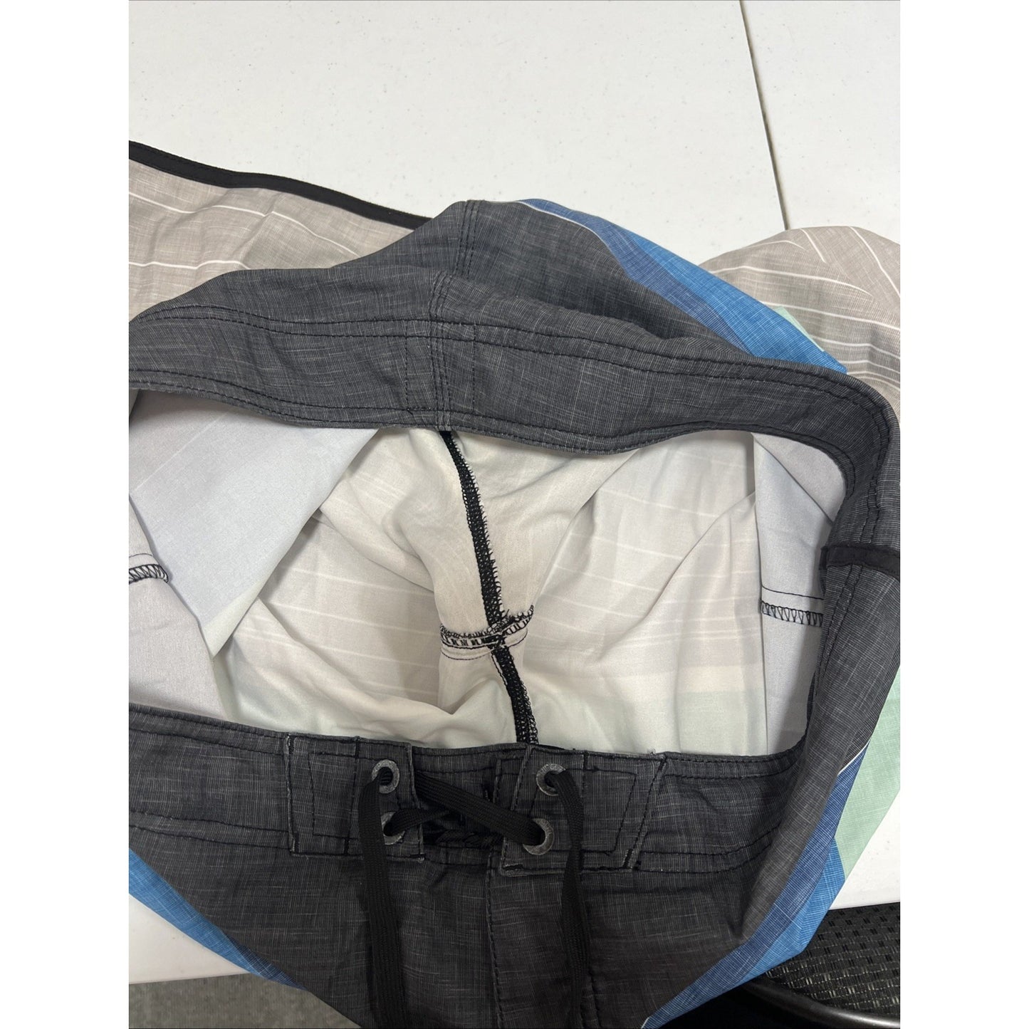 Rip Curl Blue Gray Board Swim Shorts Pocket Strap Logo Unlined Men’s 34