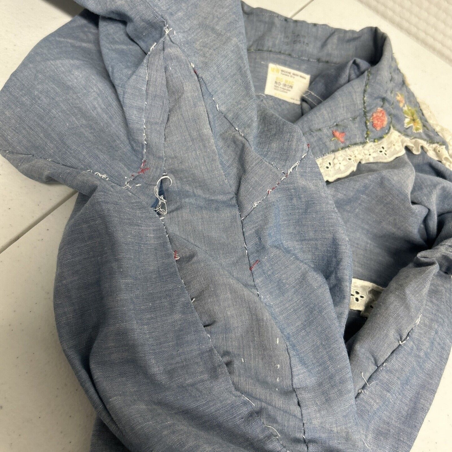 VTG JCPenney Big Mac Embroidered Chambray Lace Trim Button Up Shirt Women’s L