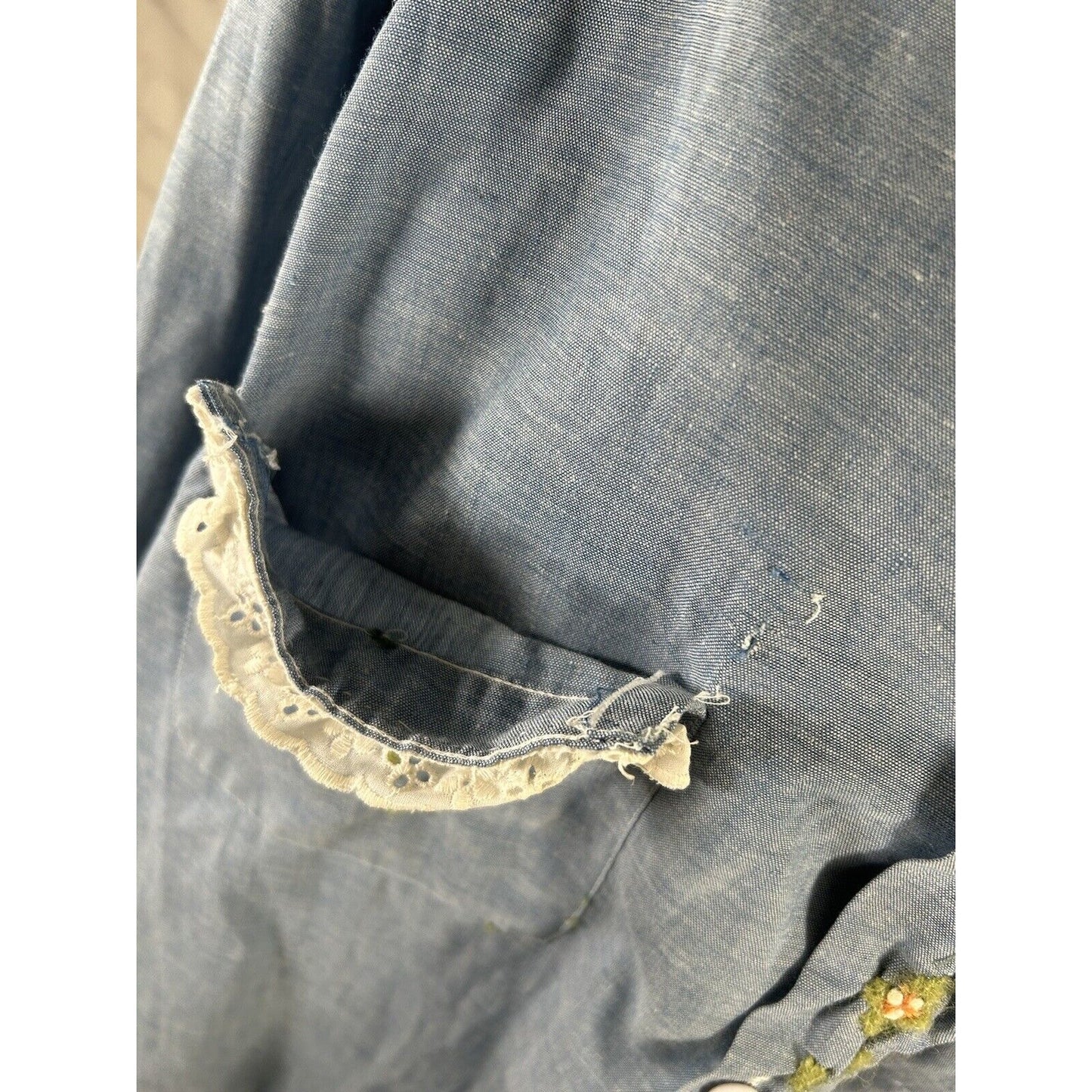 VTG JCPenney Big Mac Embroidered Chambray Lace Trim Button Up Shirt Women’s L