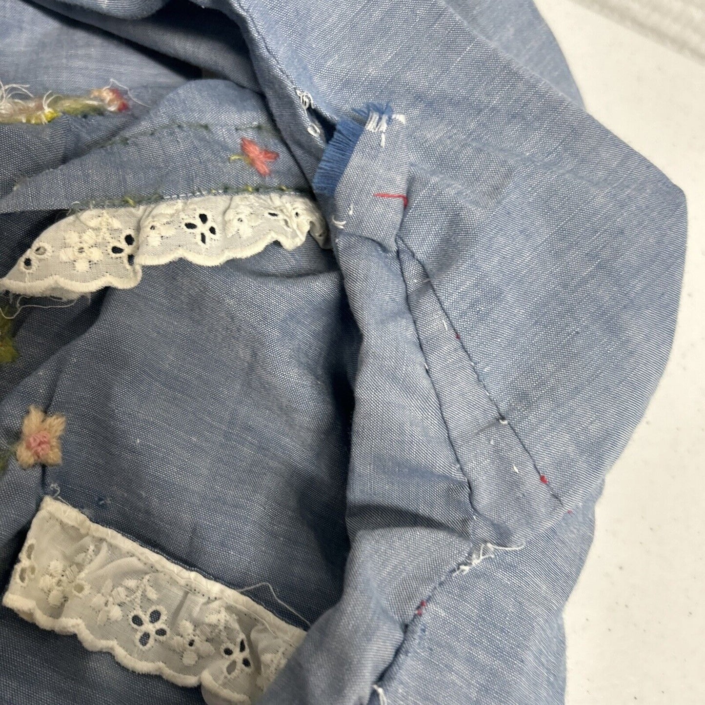 VTG JCPenney Big Mac Embroidered Chambray Lace Trim Button Up Shirt Women’s L