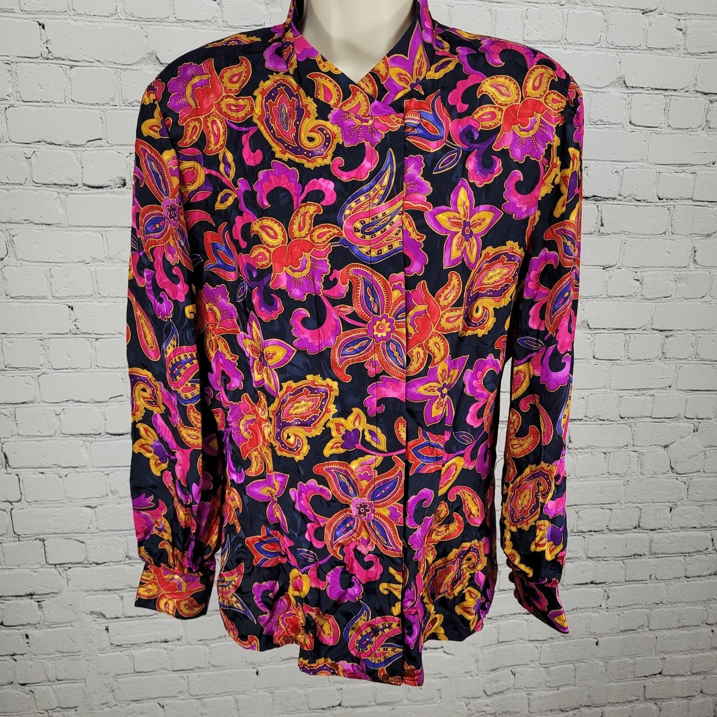 VTG Adrianna Papell Multicolor 100% Silk Floral Long Sleeve Blouse Shirt Size 12