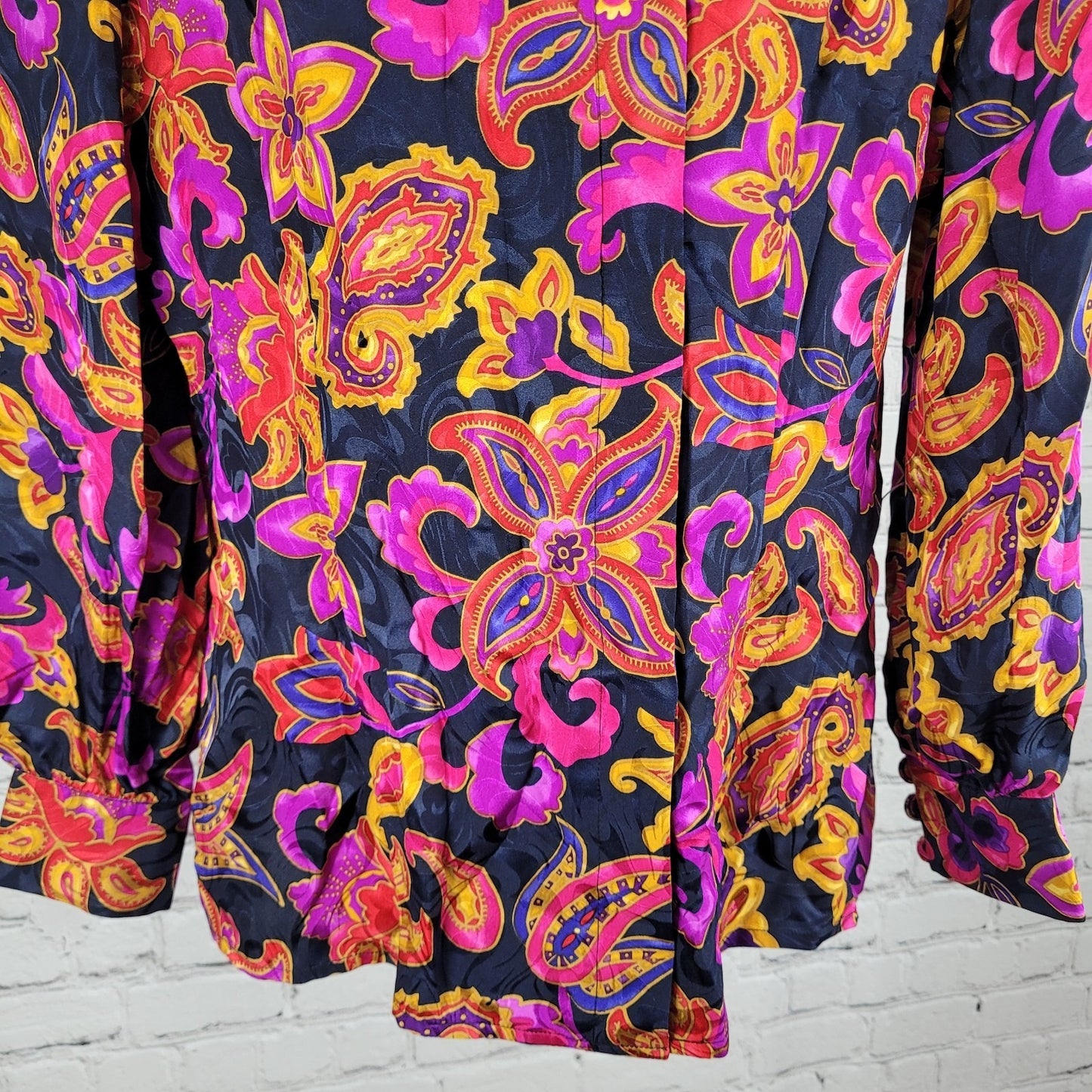 VTG Adrianna Papell Multicolor 100% Silk Floral Long Sleeve Blouse Shirt Size 12
