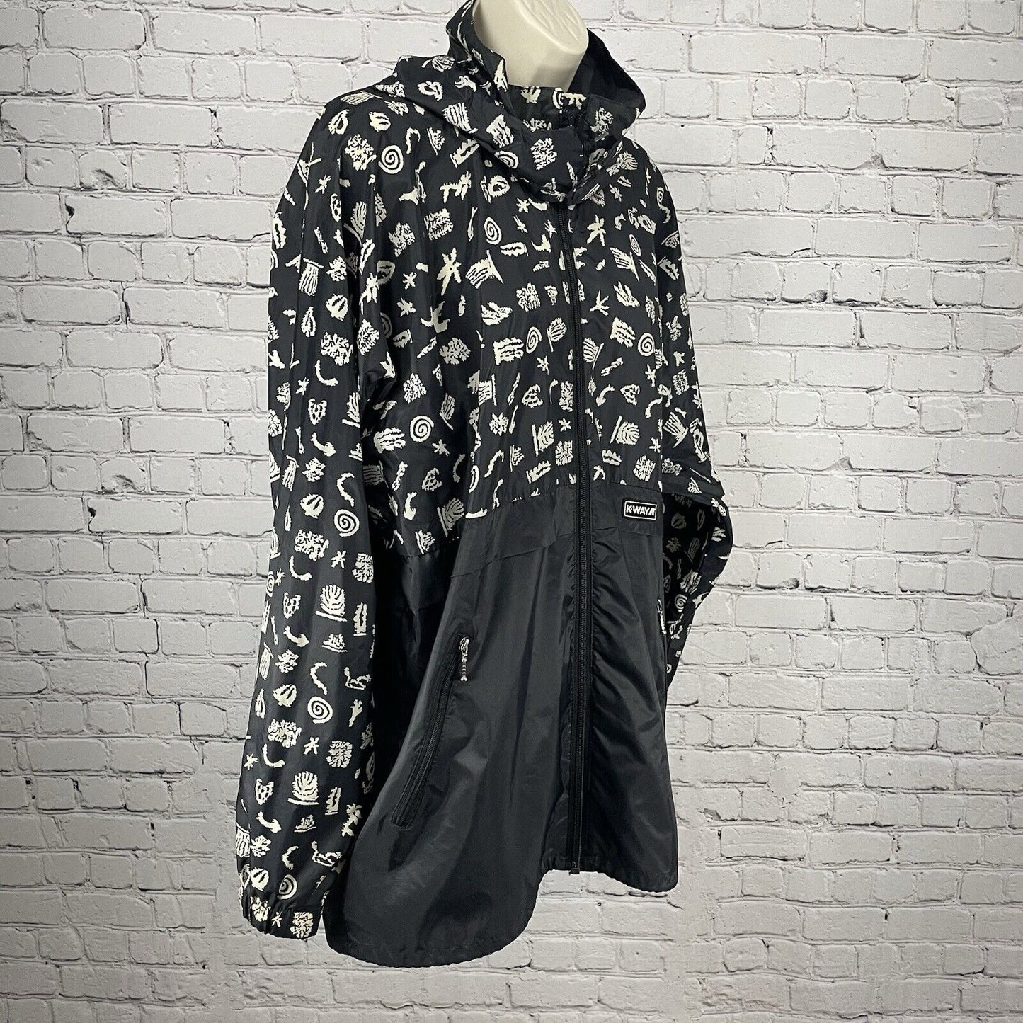 K.WAY Black Printed Zipped Rain Jacket Windbreaker Removable Hood Size Medium M