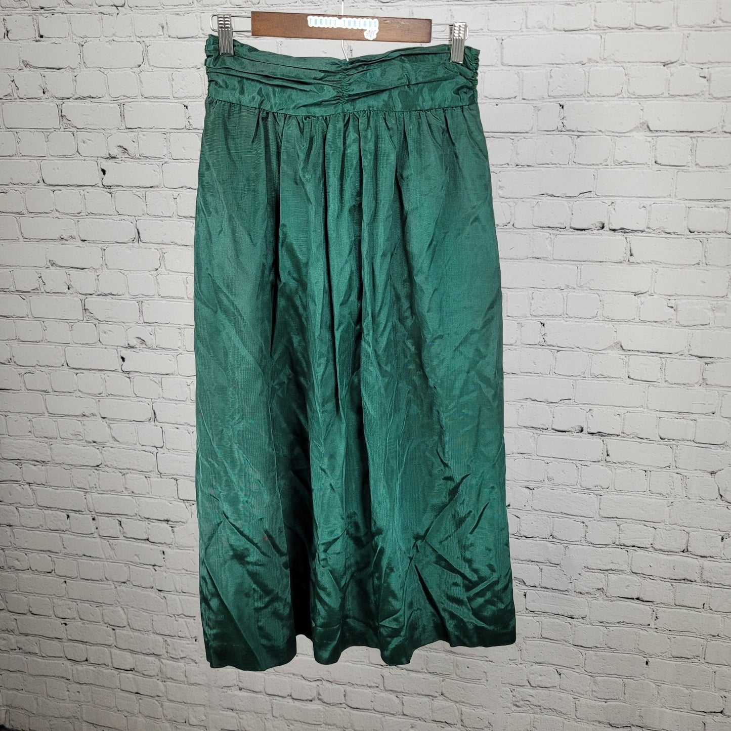 VTG Allen Solly Green Sheen Ruched Back Zip A Line Maxi Skirt USA Made Size 10