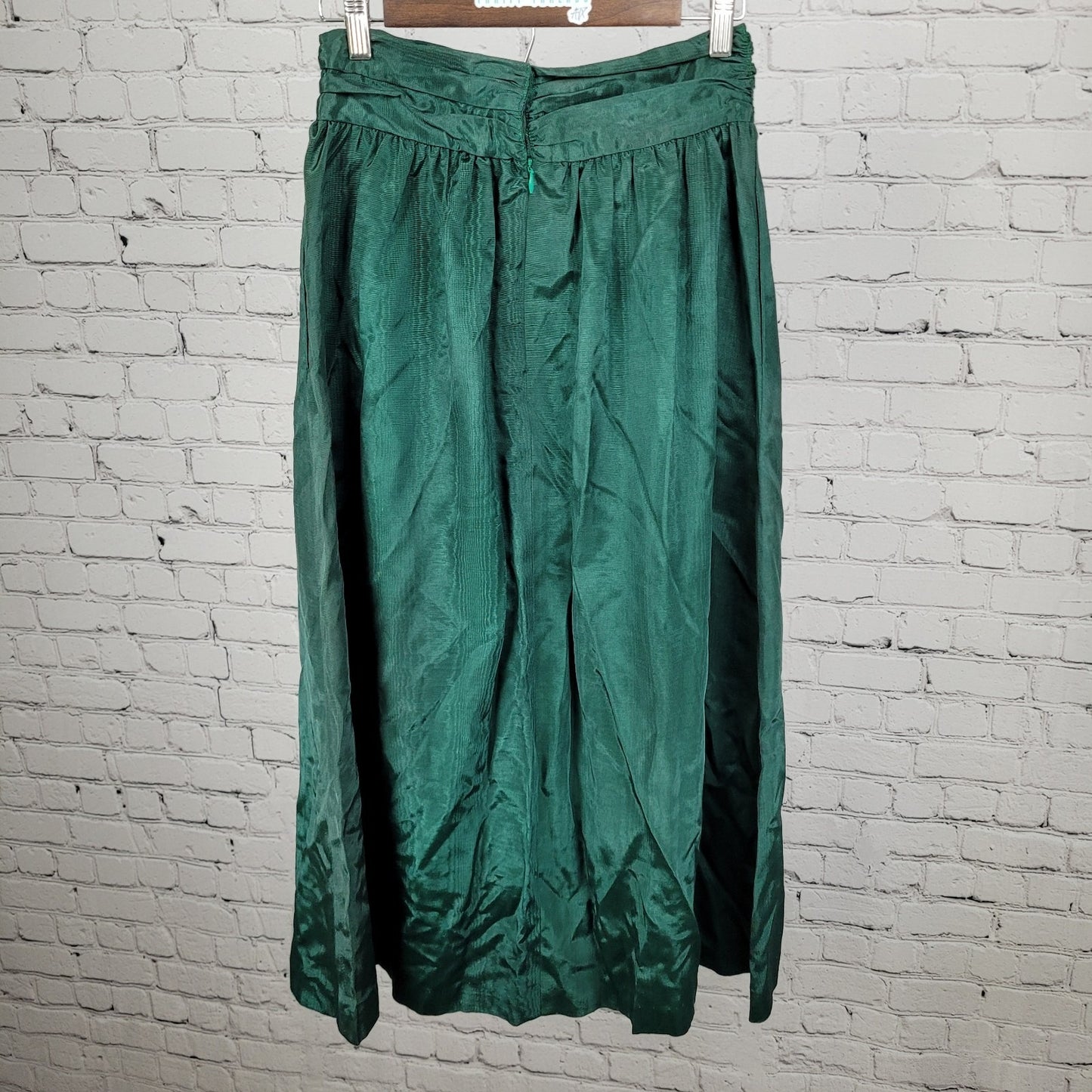 VTG Allen Solly Green Sheen Ruched Back Zip A Line Maxi Skirt USA Made Size 10
