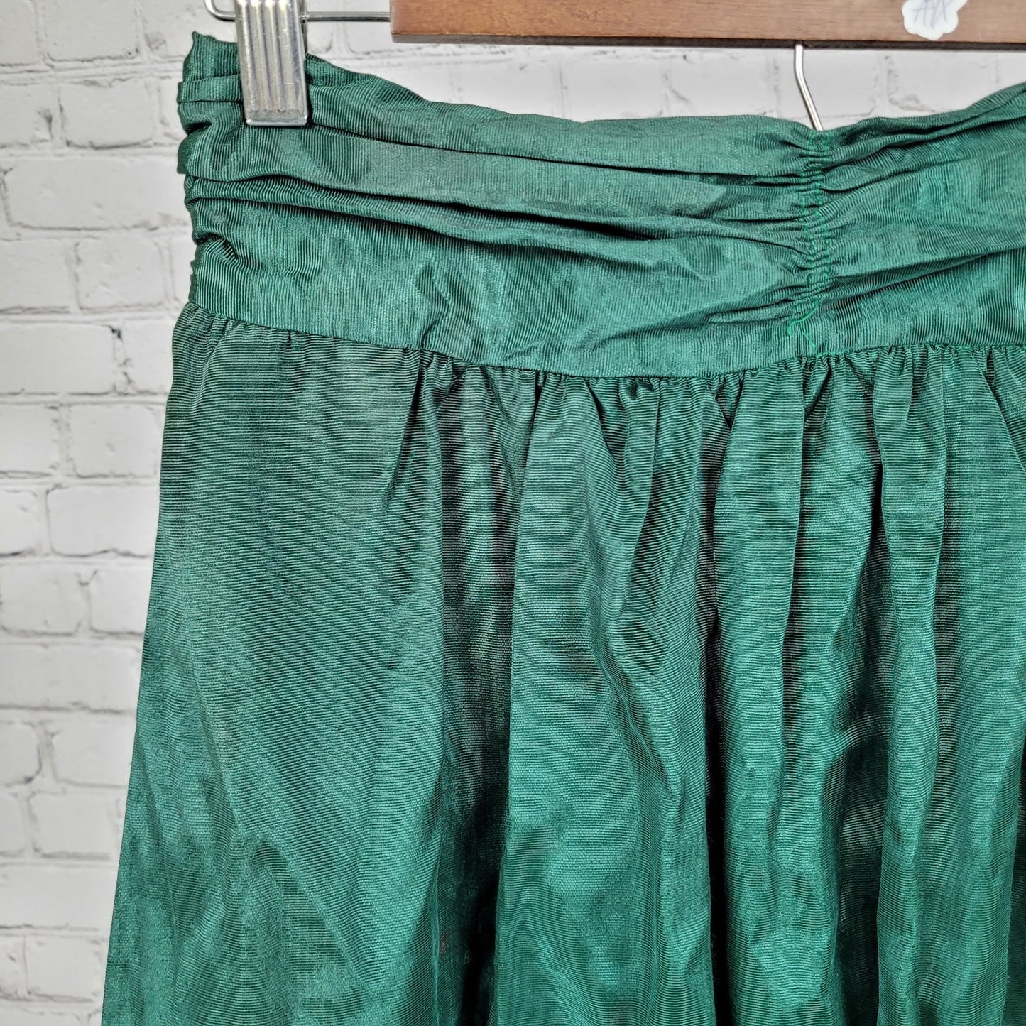 VTG Allen Solly Green Sheen Ruched Back Zip A Line Maxi Skirt USA Made Size 10