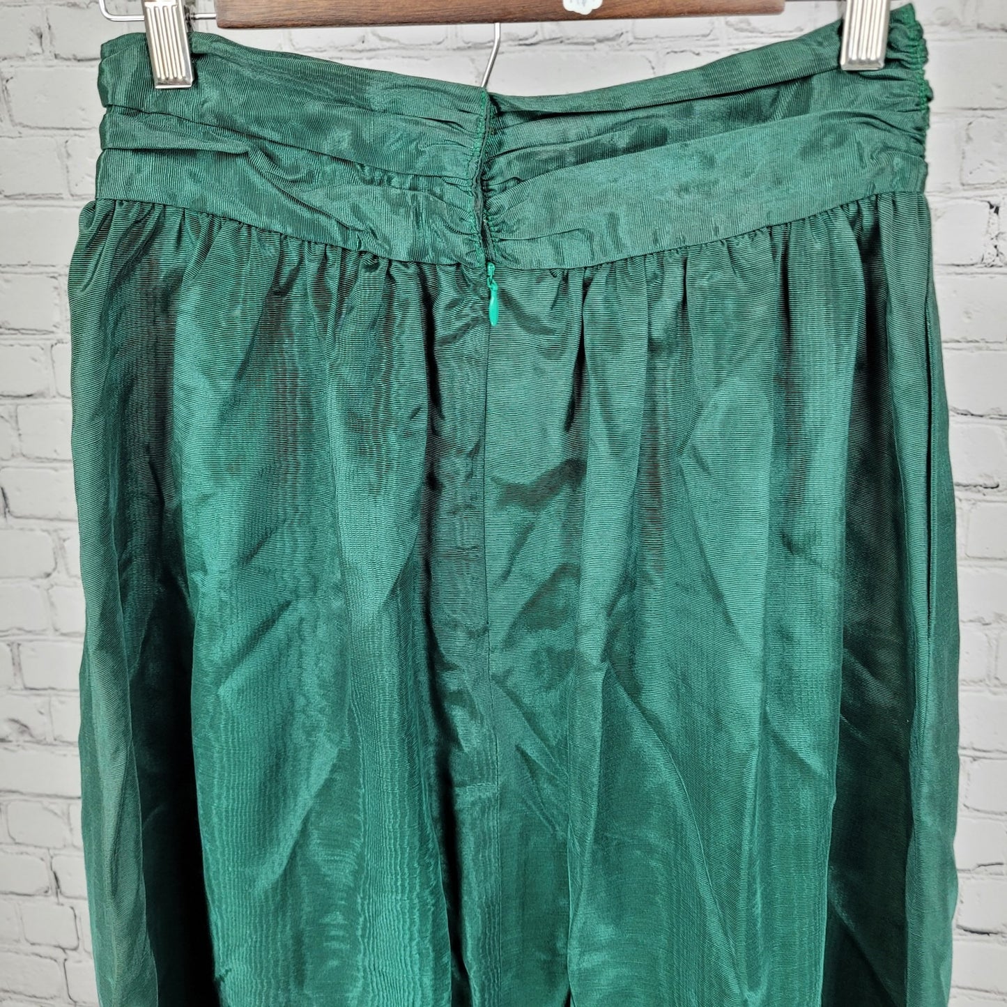 VTG Allen Solly Green Sheen Ruched Back Zip A Line Maxi Skirt USA Made Size 10
