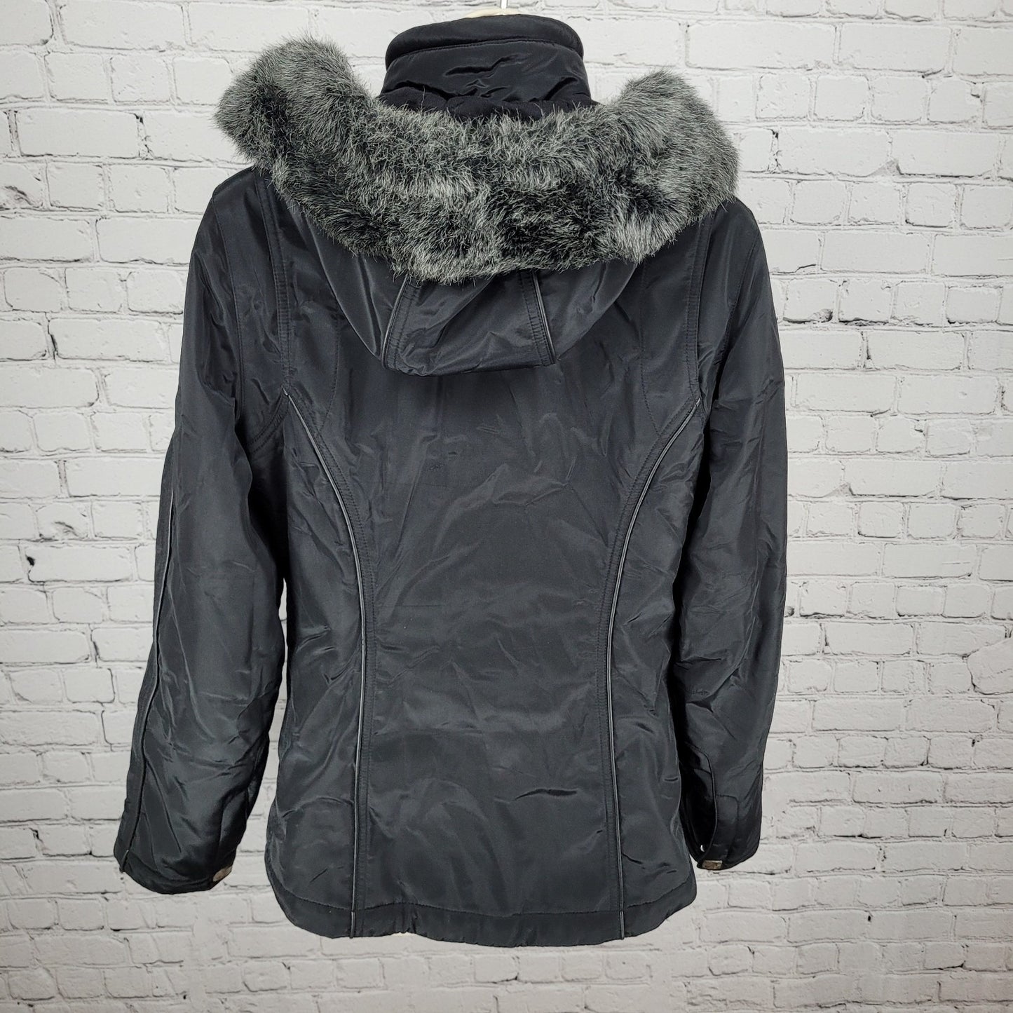 Metropolis Black Ice Faux Fur Hooded Insulated Zipped Pockets Jacket Size 8