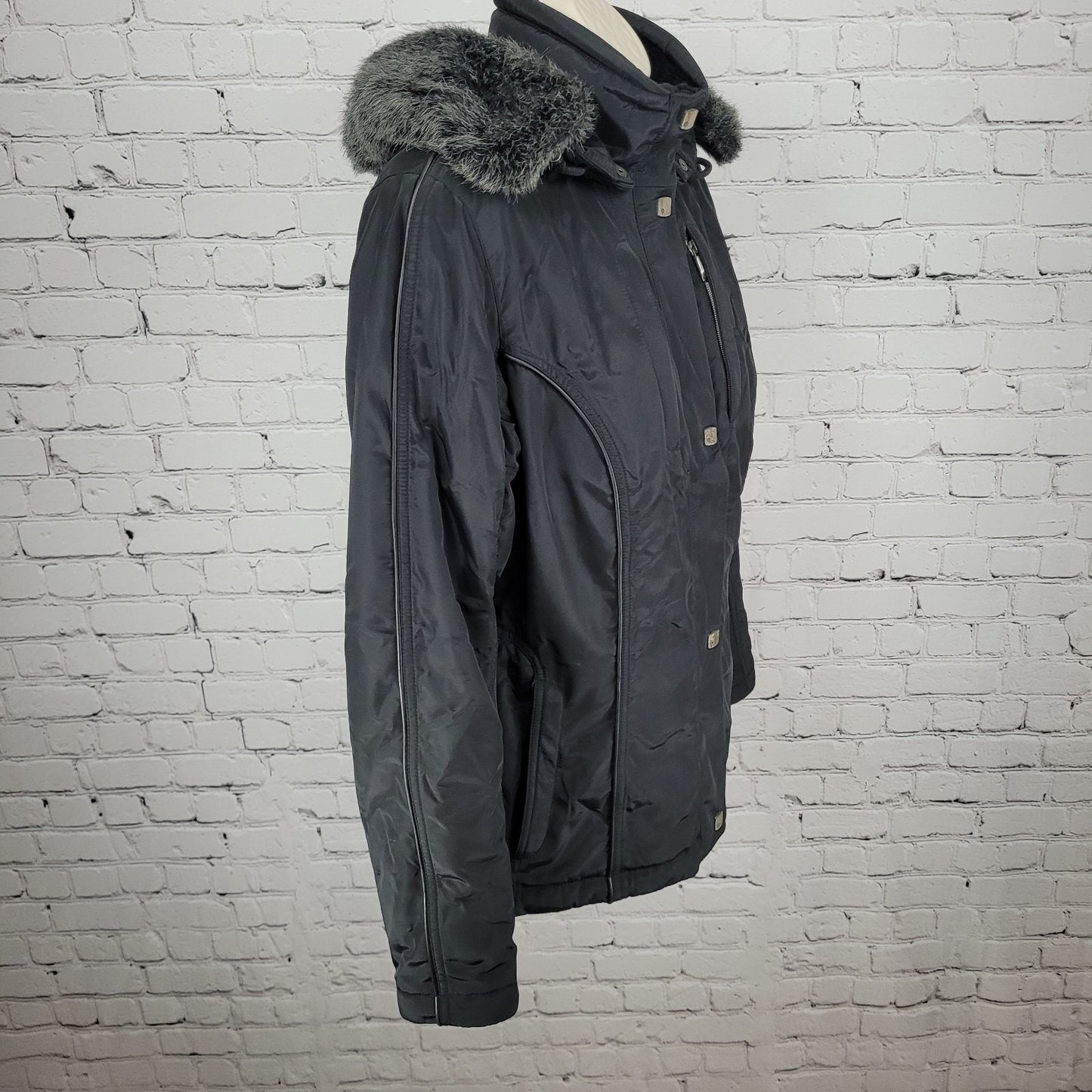 Metropolis Black Ice Faux Fur Hooded Insulated Zipped Pockets Jacket Size 8
