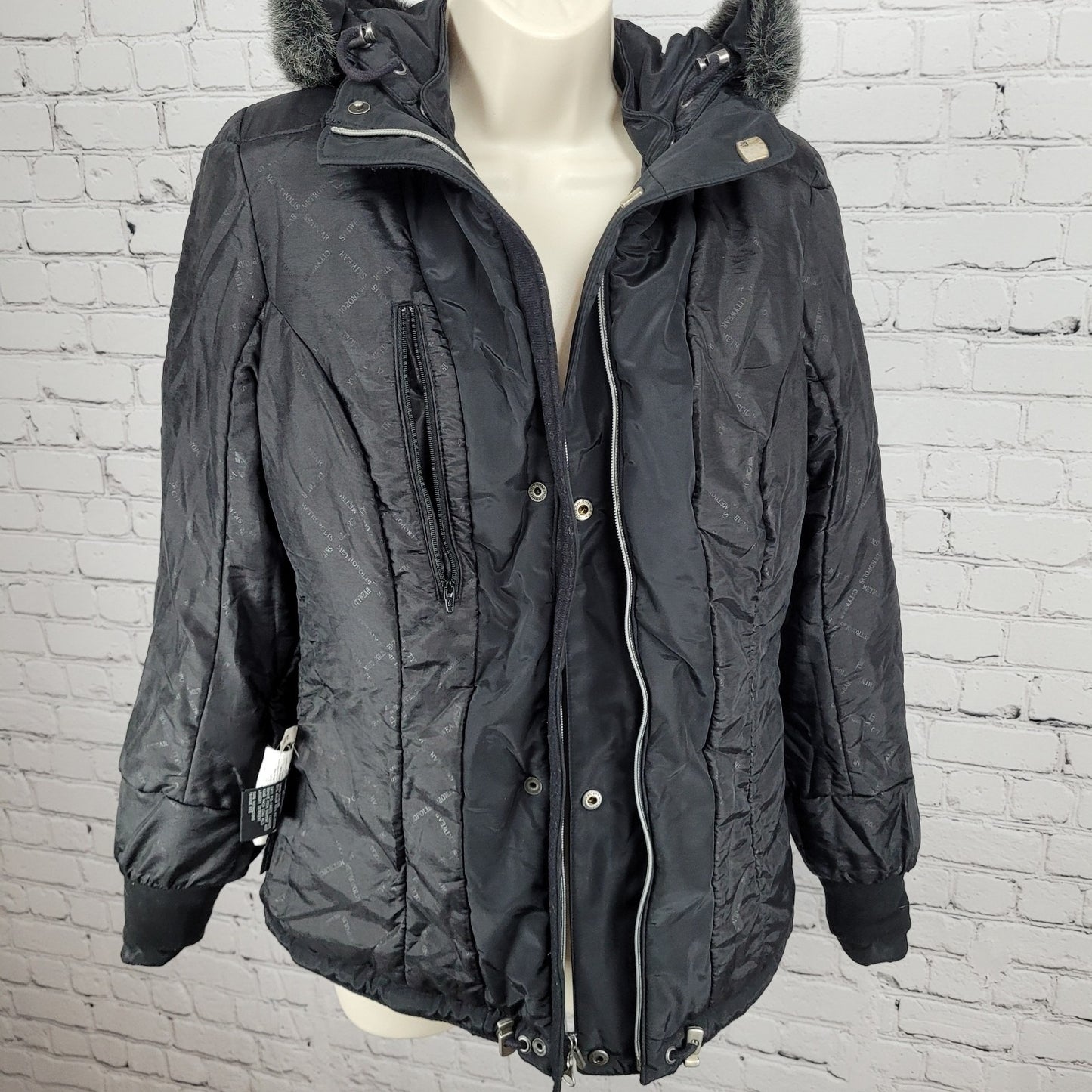 Metropolis Black Ice Faux Fur Hooded Insulated Zipped Pockets Jacket Size 8