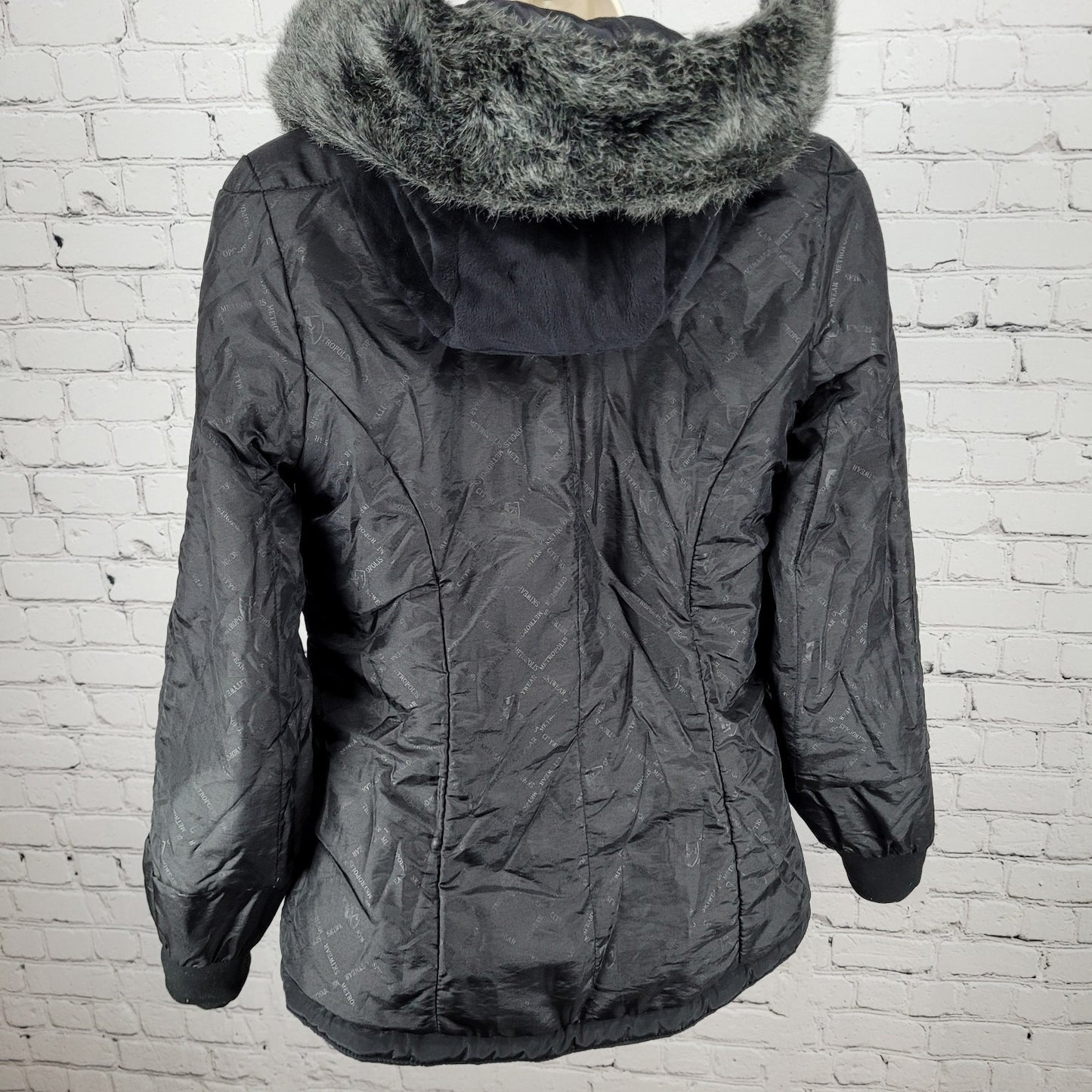 Metropolis Black Ice Faux Fur Hooded Insulated Zipped Pockets Jacket Size 8