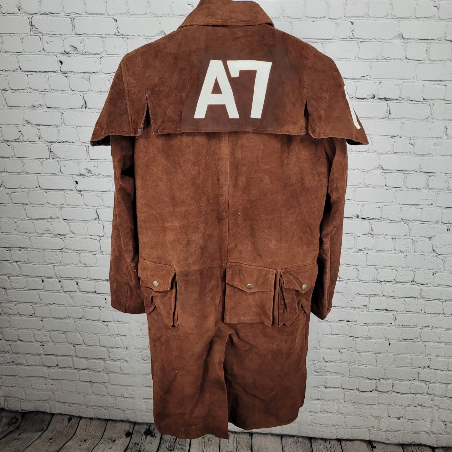 Real Leather A7 Brown Genuine Soft Suede Open Ranger Trench Coat Duster Large L