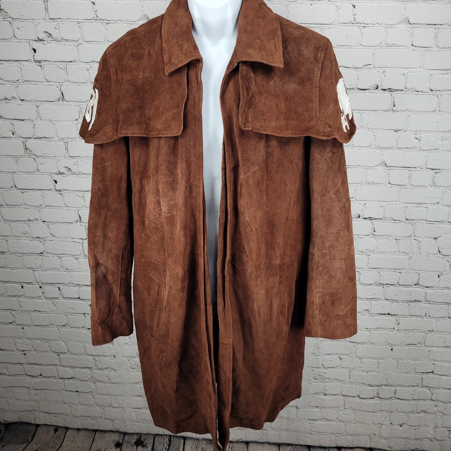 Real Leather A7 Brown Genuine Soft Suede Open Ranger Trench Coat Duster Large L