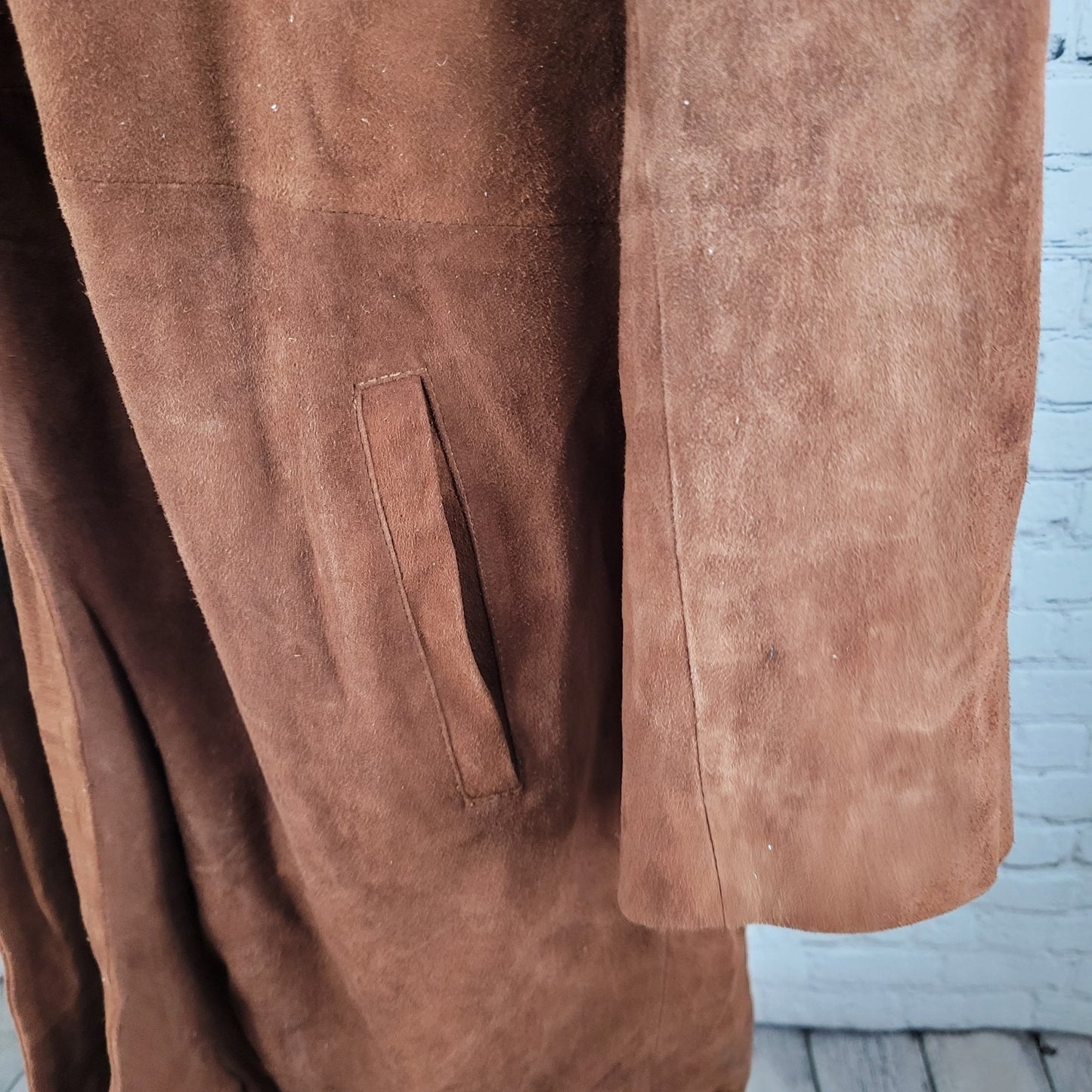 Real Leather A7 Brown Genuine Soft Suede Open Ranger Trench Coat Duster Large L